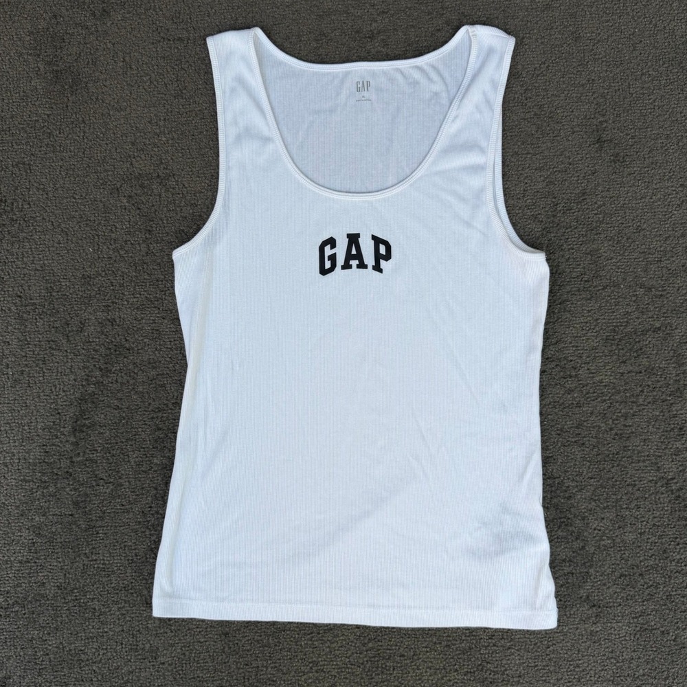 Gap Womens White Ribbed Logo Tank Top Scoop Neck Sleeveless XL